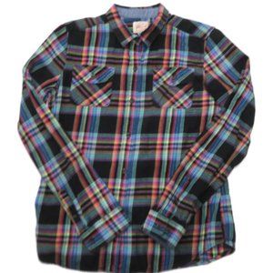Uniqlo Womens Soft Flannel Button Up Shirt Medium Plaid Black Rainbow Original